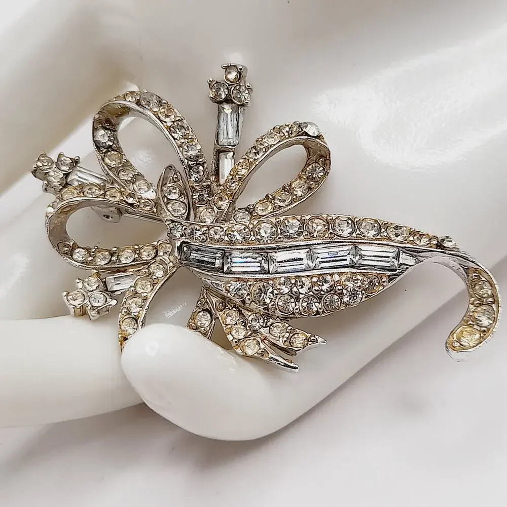 Vintage PELL Clear Rhinestone Brooch Baguettes Silver Tone 1960s